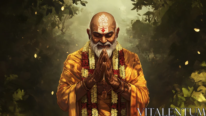Digital painting of serene monk in forest-lit devotional posture.