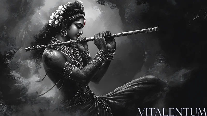 Monochrome divine musician rendered in detailed digital chiaroscuro