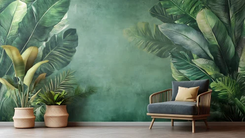 Botanical wall mural with mid-century lounger in teal interior.