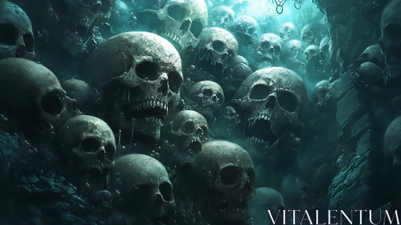 Submerged mass of human skulls in dense underwater chamber.