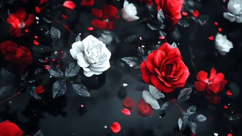 Red and White Roses on Dark Background with Scattered Petals