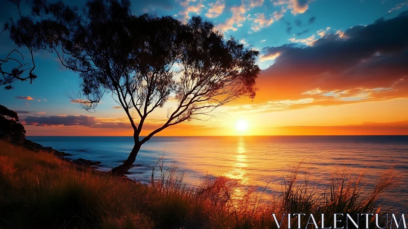 Digital seascape sunset with silhouetted coastal tree composition.