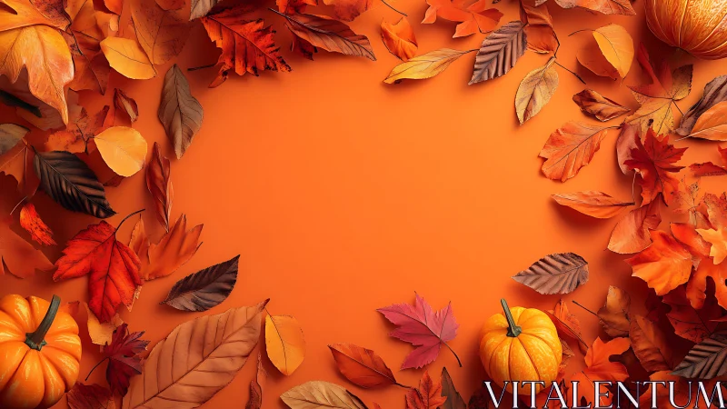 Autumn leaves and pumpkins border an empty orange background
