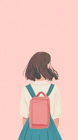 Girl with pink backpack stands against flat pastel background