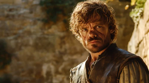 Scarred medieval man in leather vest against stone wall.