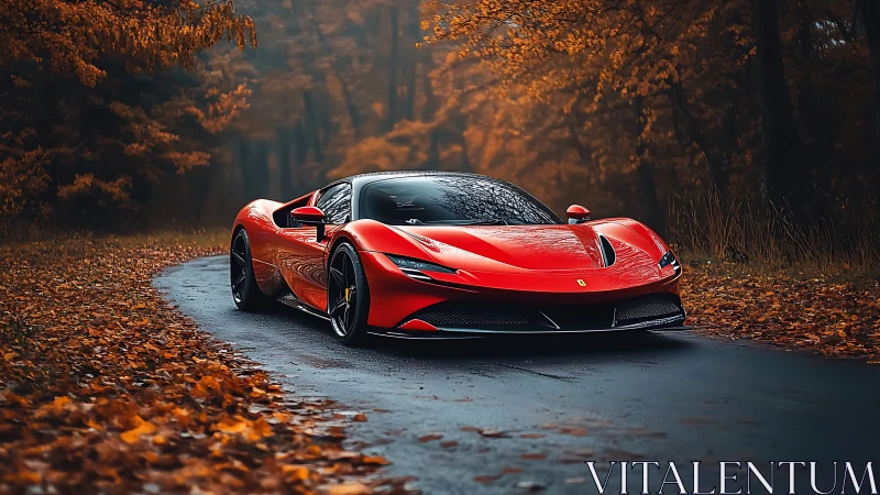 Scarlet supercar curves through cinematic autumn forest road.