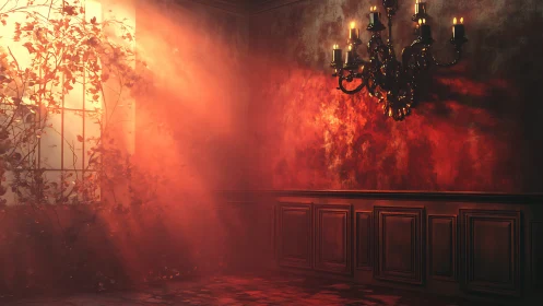Sunlit red interior dramatized by chandelier and dense haze