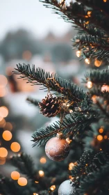 Golden bauble and pinecone quietly orchestrate winter light