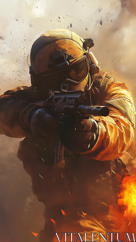 Armored tactical operator advancing through explosion.