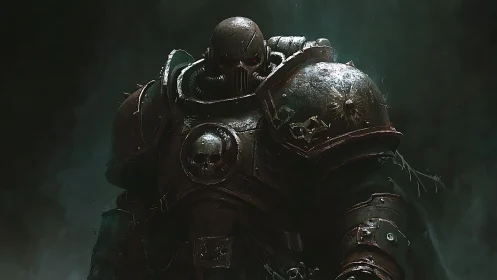 Armored warrior stands in dark fog wearing skull emblems