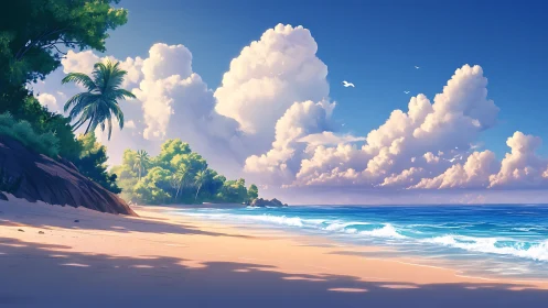 Tropical Beach Scene with Palm Trees and Cumulus Clouds