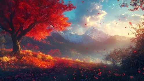 Crimson autumn tree overlooks luminous snow-capped peaks.