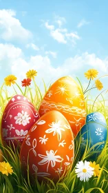 Colorful floral Easter eggs in tall spring grass outdoors.