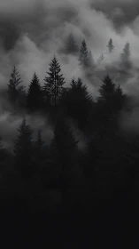 Fog-shrouded coniferous forest in monochrome.