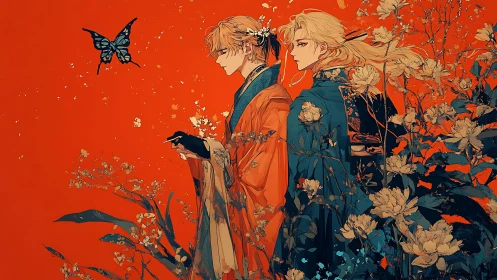 Two robed figures with flora and butterfly on red ground.