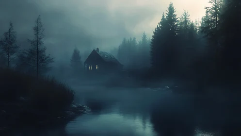 Remote cabin with warm windows in misty forest at dusk.