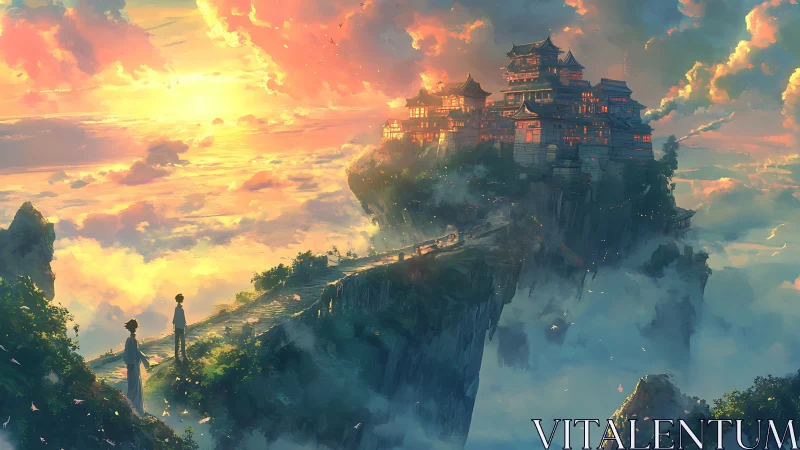 Aerial citadel on stratified cliffs under radiative sunset sky.