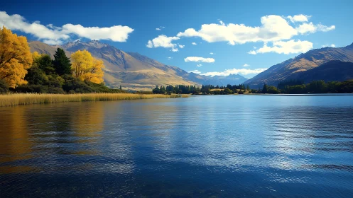 Golden lakeside trees under calm blue mountain skies.
