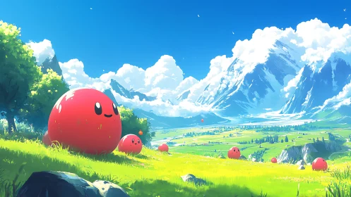Red spherical characters in bright alpine valley landscape.