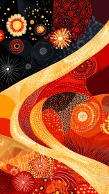 Abstract red and yellow circular forms with flowing bands.