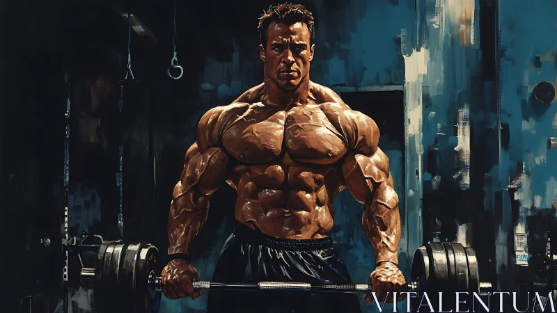 Bodybuilder executes heavy barbell curl in painterly gym scene