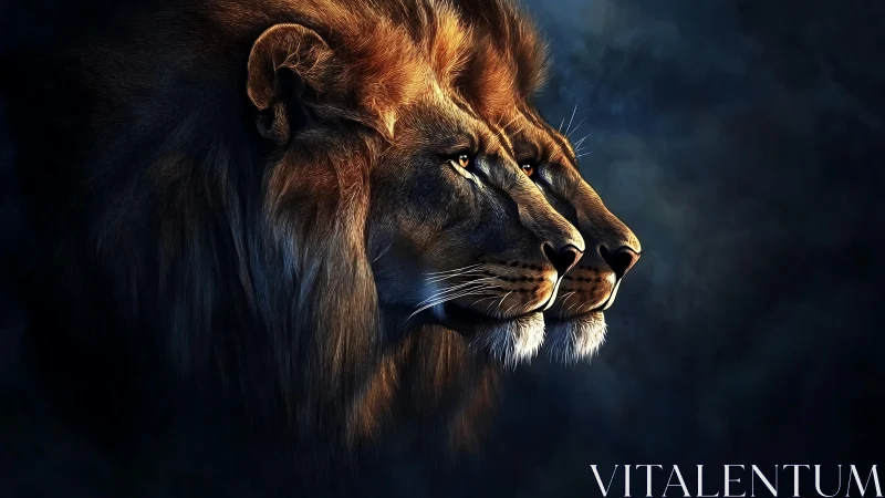 Male lion profile rendered with dramatic lighting.