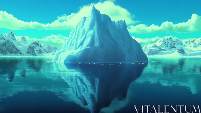 Massive iceberg reflected in calm polar turquoise water.