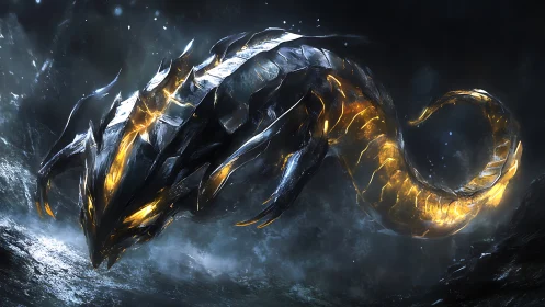 Metallic serpentine creature in dark aquatic environment.