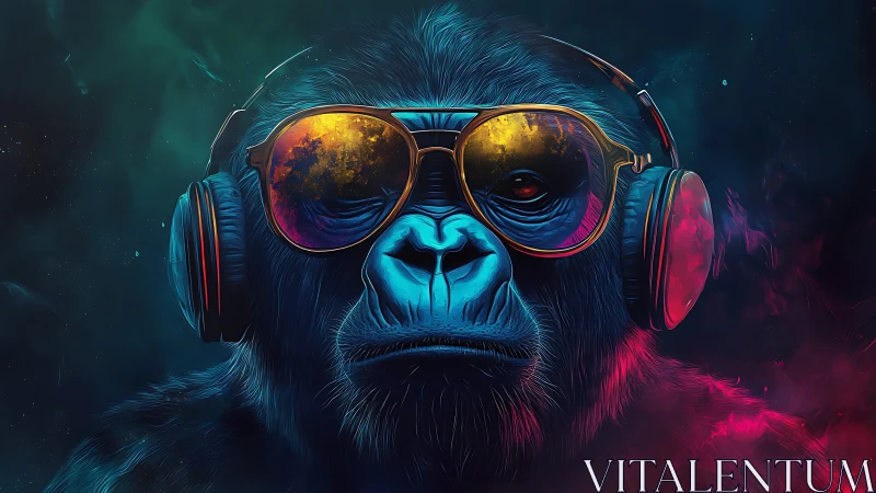 Neon gorilla portrait with reflective headphones and glasses.