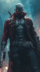 Armored vigilante with glowing eyes in rain soaked cyber alley