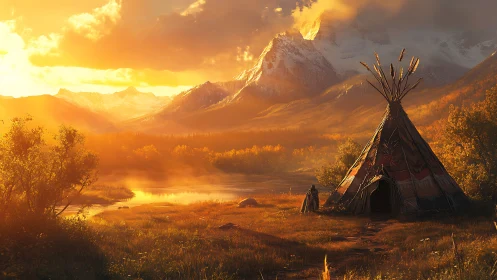 Sunlit teepee camp rests below dramatic alpine mountains.