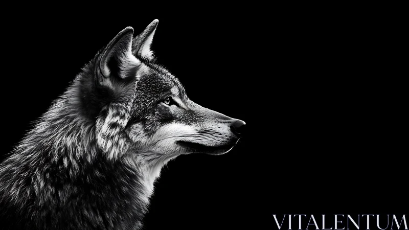 Side profile of wolf in monochrome on black background.
