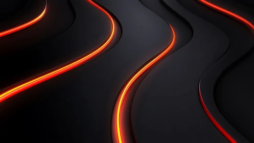 Curved black surfaces intersect glowing red light strips