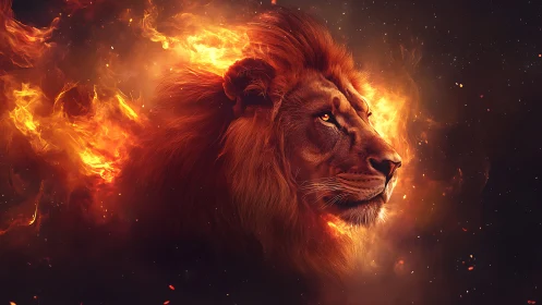 Lion head rendered in profile within controlled flame effects