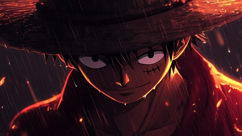 Rainlit straw-hat rogue smiling through sparks and storm.