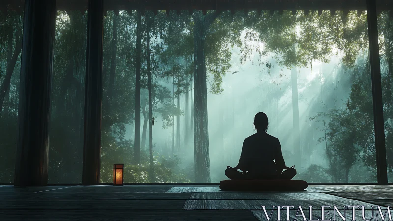 Person meditating indoors facing misty forest view.