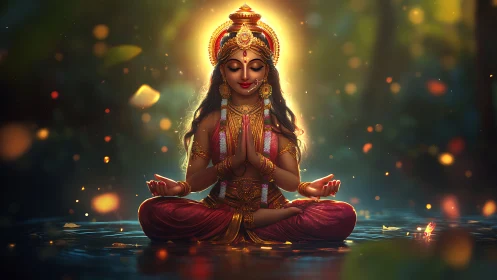 Meditating goddess figure rendered with high-gloss digital lighting