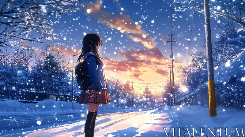 Schoolgirl observes silent winter street at vivid sunset