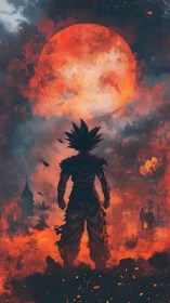 Lone warrior under blood-red moon over burning skyline.