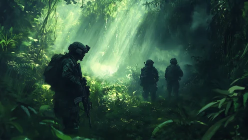 Special forces patrol move through dense sunlit jungle.