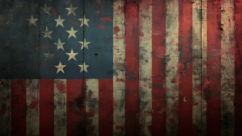 Weathered American flag on distressed wooden planks surface.