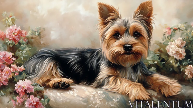 Gentle Yorkshire terrier resting among soft garden blooms.