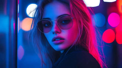 Neon city portrait glows with bold magenta and blue light.