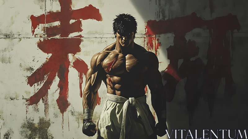 Shadow-drenched warrior breathes fury against scarlet kanji