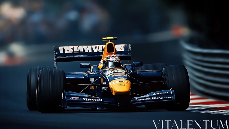 Formula racing car charges through urban circuit apex at speed