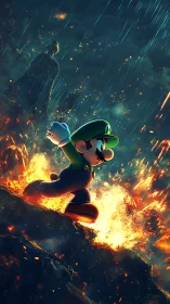 Luigi figure with fire and rain particle effects in 3D render