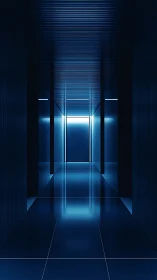 Neon threshold corridor glows in cool midnight geometry.