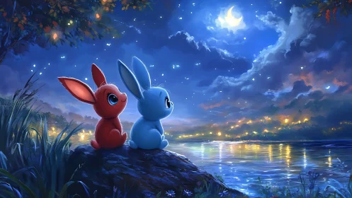 Two stylized rabbits watch crescent moon over reflective lake