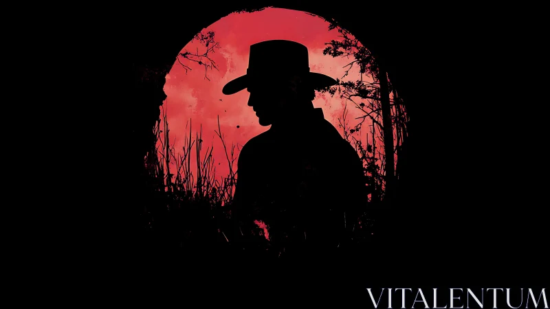 Lone dusk rider framed by blood-red frontier sky.