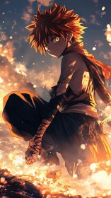Battle-scarred anime hero kneels in fiery twilight resolve